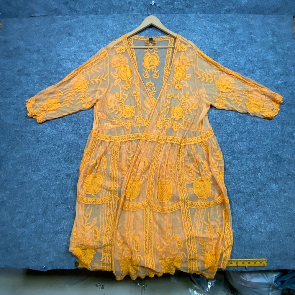 Lane Bryant Women Orange Floral Embroidered Mesh Kimono Cardigan Plus Size 22/24
